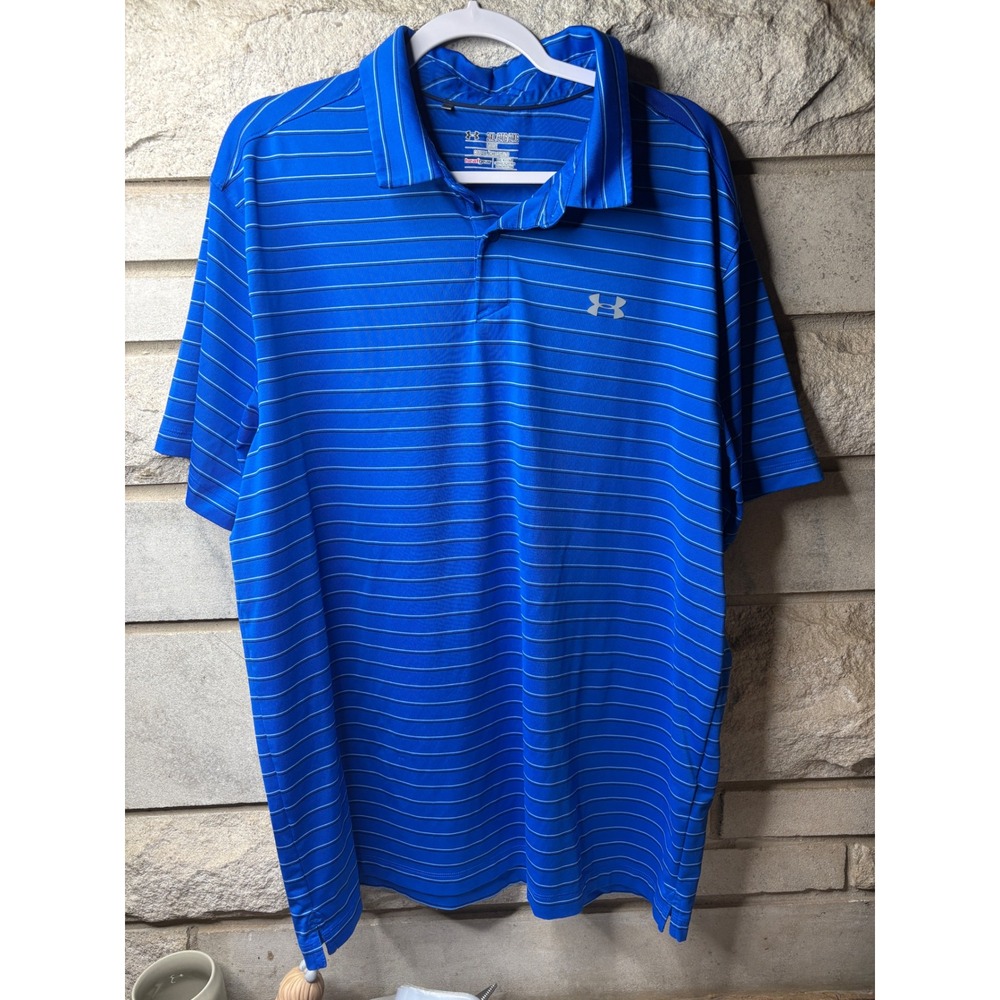 Under‎ Armour Mens HeatGear Blue Striped Short Sleeve Polo Shirt 2XL Loose Fit